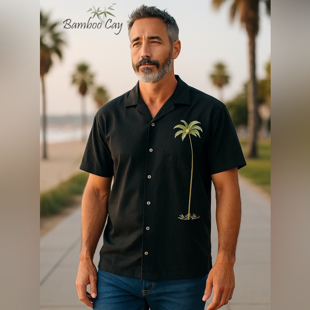 Bamboo Cay Embroidered Palm Treet Short Sleeve Button Down Shirt - Size XXL